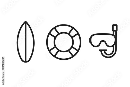 Summer vacation and water sports icon set. Line icons of surfboard, lifebuoy, diving mask and snorkel. Sea, beach and travel concept. Minimal linear pictograms for web design.