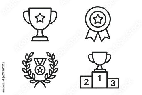 Award trophy competition winner vector outline icon set. First place prize, champion cup, victory medal, success achievement concept. Laurel wreath, podium. Editable stroke.