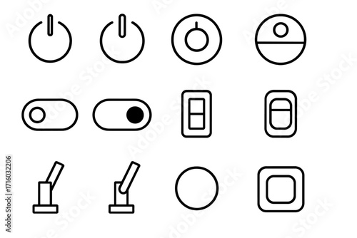 On-off switch line icon set. Power button and toggle collection. UI UX web design elements. Control panel symbols for app and website interface. Vector graphic illustration.