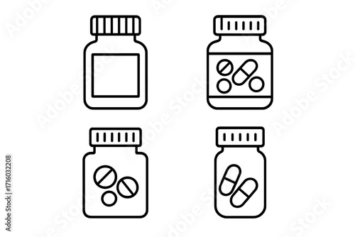 Medical pill bottle line icons. Set of drug, vitamin, or supplement containers with tablets and capsules. Pharmacy, healthcare, and treatment concept. Vector illustration.