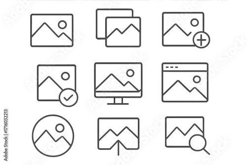 Picture icon set. Image and photo line icons for web and graphic design. UI UX interface elements. Add, search, gallery, download symbols. Vector outline pictogram collection.