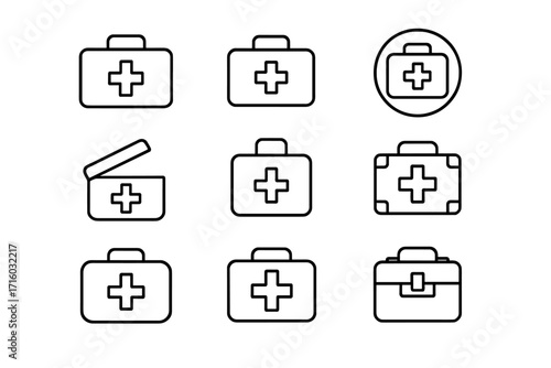 Medical suitcase simple isolated line icons collection. First aid kit, doctor bag, emergency case thin outline vector symbols. Health care graphic element for web, app.