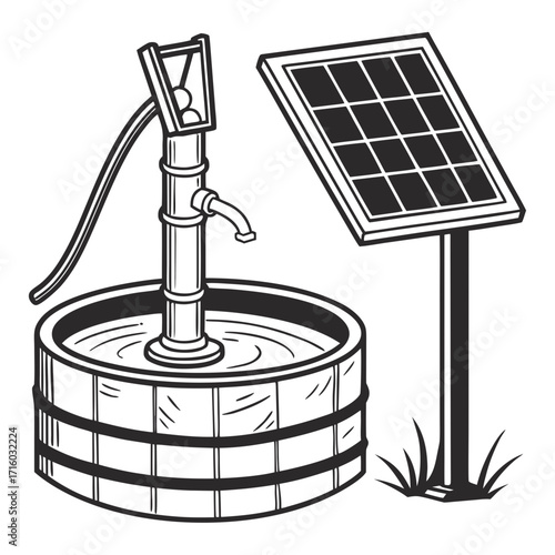 Hand pump drawing with solar panel powering water well for sustainable resource management and renewable energy