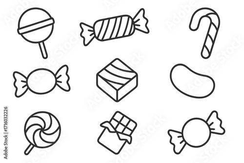 Candy icon set line art collection. Sweet food dessert outline symbols. Lollipop, chocolate bar, candy cane, bonbon, jelly bean. Sugar treat vector illustration signs.