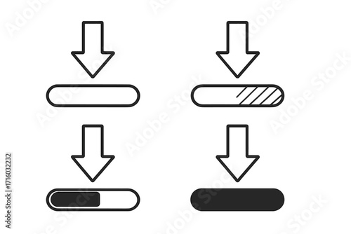 Download progress bar icon set. Vector collection of loading status symbols with arrows. UI UX interface elements for app and web design. Data transfer and install status.