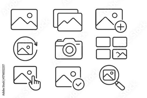 Picture and photo line icon collection. Image gallery, camera, add, search, and select outline icons. Vector signs for graphic and web design, apps, UI, UX, and adverts.