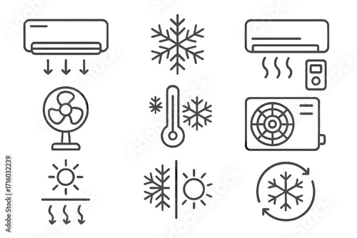 Air conditioner line icon set. Cooling and heating systems. Hvac, ventilation, climate control. Cold snowflake, hot sun, fan, thermometer symbols. Split system signs.