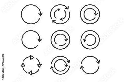 Round arrow line icon set. Vector outline signs for graphic and web design. Symbols for refresh, reload, recycle, update, loop, sync, repeat. Circular motion concept.
