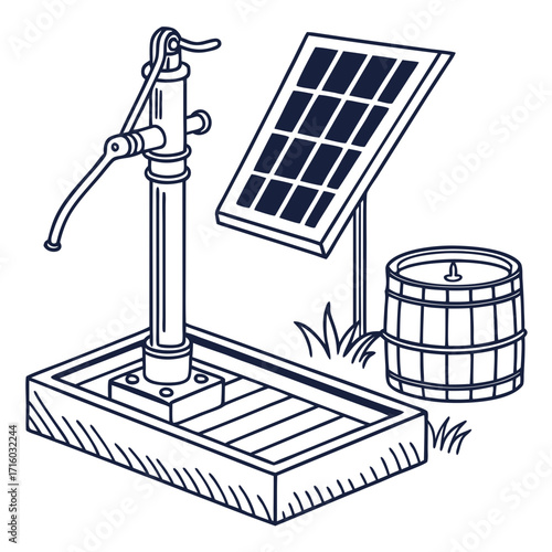 Hand pump powered by solar energy with a wooden barrel for water collection in a grassy area