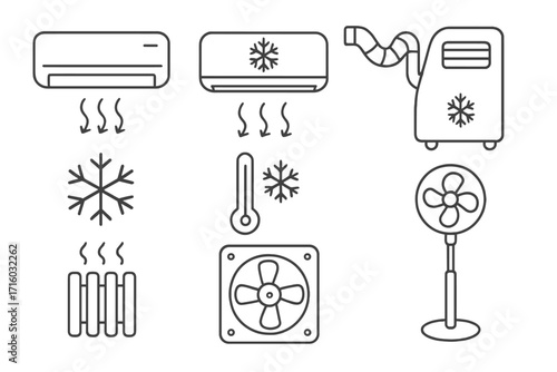 Climate control line icon set. HVAC system symbols. Air conditioner, fan, heating radiator, and ventilator outline icons. Cooling, heating, and ventilation vector signs.