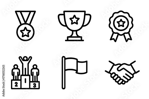 Award and competition line icon set. Victory, success, and achievement symbols. Includes medal, trophy, prize ribbon, and winner's podium. Editable stroke vector icons.