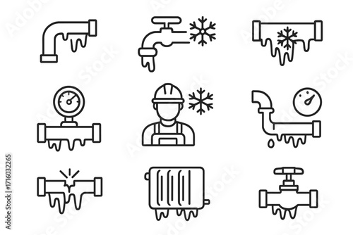 Frozen pipe line icon set. Winter plumbing problem. Burst water pipe, ice damage, plumber service, frozen faucet, radiator, heating system. Emergency repair vector symbols.