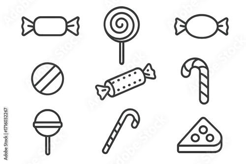 Candy and sweets outline icon set. Lollipop, candy cane, bonbon and chocolate symbols. Confectionery linear vector illustration collection for dessert, sugar, and food concepts.