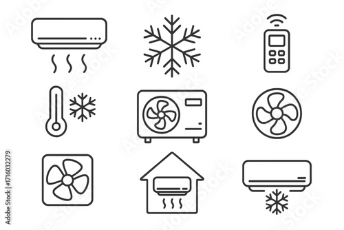 Air conditioner line icon set. HVAC system outline signs collection. Cooling, heating, ventilation and climate control concept. Vector pictograms for web. Fan, remote, cold air icons.