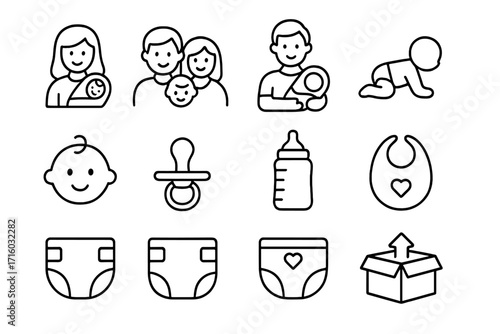 Baby and family line icon set. Newborn care, parents and childcare outline icons. Diaper, bottle, pacifier vector signs for web design, apps, and graphic elements.
