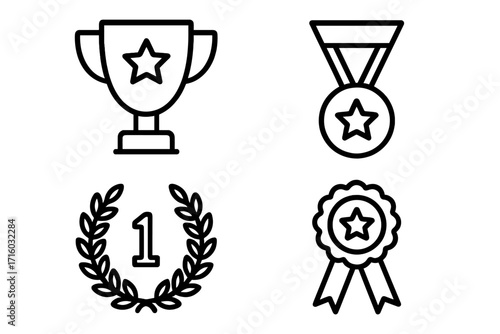 Award and trophy outline icon set for competition winner. Vector collection of first place prize, medal, laurel wreath and ribbon symbols for success and victory.