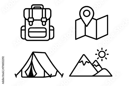 Camping and travel line icon set. Backpack, map pin, tent, and mountain icons for adventure and hiking concepts. Simple outline vector illustration for outdoor vacation.