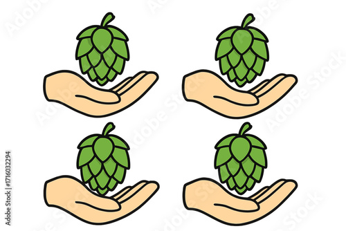 Hand holding a fresh green hop cone. Concept for beer brewing, craft beer festival, brewery logo, and natural ingredients. Agriculture and harvest symbol for pub or bar menu.