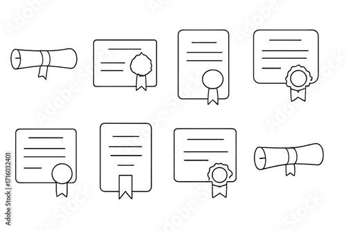 Diploma and certificate line icon set. Graduation degree, award, and achievement symbols. Vector outline icons of qualification document, scroll, and award seal for web.