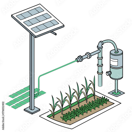 Illustration of a solar powered irrigation system watering crops in a field with pipes and a water tank