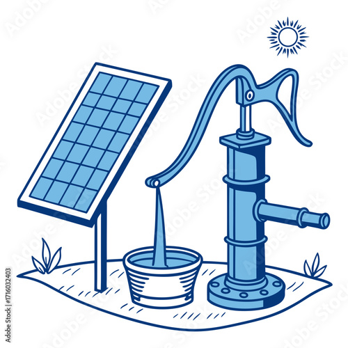 Illustration of a solar powered water pump drawing water into a bucket under a bright sun