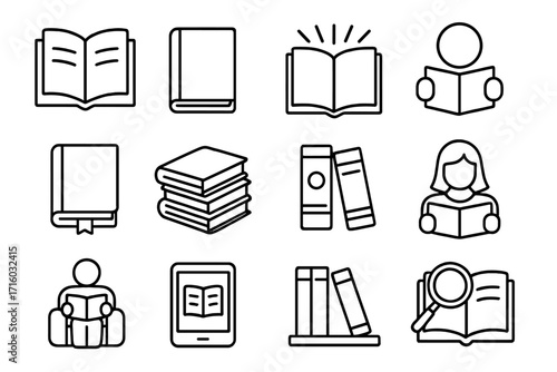Book and reading outline icon set. Vector collection for education, library, and study. Includes ebook, research, and literature symbols. Editable stroke for easy customization.