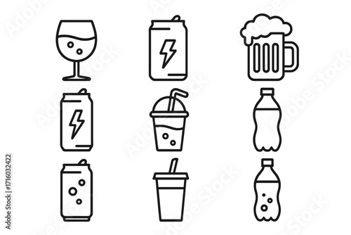 Beverage and drink icon set. Thin line art collection of signs for web and apps. Vector symbols of beer, wine, soda, energy drink, juice, water in bottle, can, and glass.