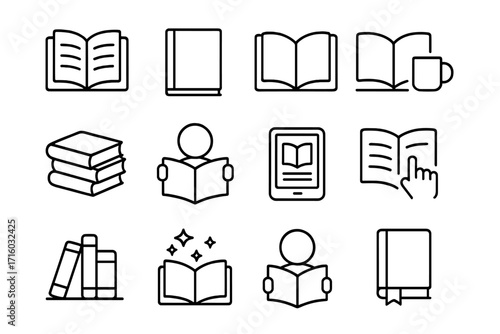 Book and reading outline icon set. Vector collection of library, literature, and education symbols. Includes ebook, bookshelf, and student icons. Editable stroke for design.