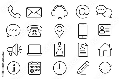 Contact us and communication line icon set. Business and customer service, support symbols. Vector collection for web design. Phone, email, address, chat, support icons.