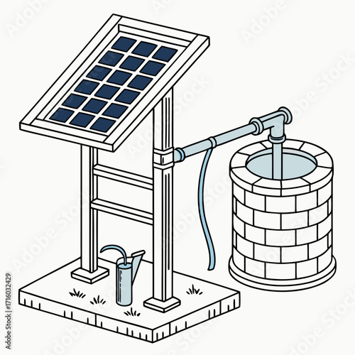 Illustration of a solar powered water pump system drawing water from a well for irrigation and domestic use