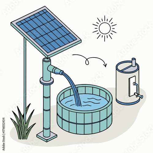 Illustration of a solar powered water pump filling a wooden tub with water from a tank