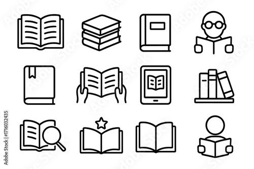 Book and reading line icon collection. Vector icons for education, knowledge, and literature. Set includes library, study, learning, ebook, and reader symbols. Editable stroke.