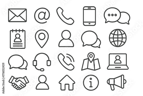 Contact us icon set. Communication line icons for business and customer service. Support symbols for web and mobile. Contact methods vector illustration with editable stroke.