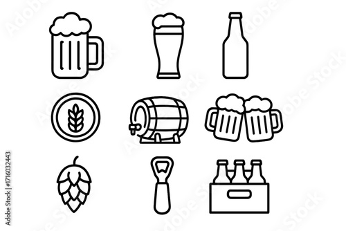 Beer line icon set. Craft beer, brewery, and pub symbols. Vector collection including mug, glass, bottle, barrel, hops, and opener. Simple minimal outline icons.