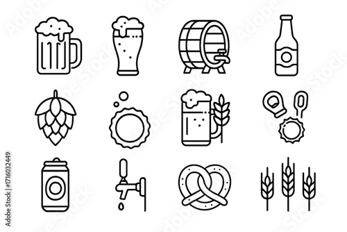 Beer line icon set. Brewery and pub symbols. Outline alcohol drink signs for bar menu, web. Vector collection with mug, glass, barrel, bottle, hop, can, pretzel, wheat.