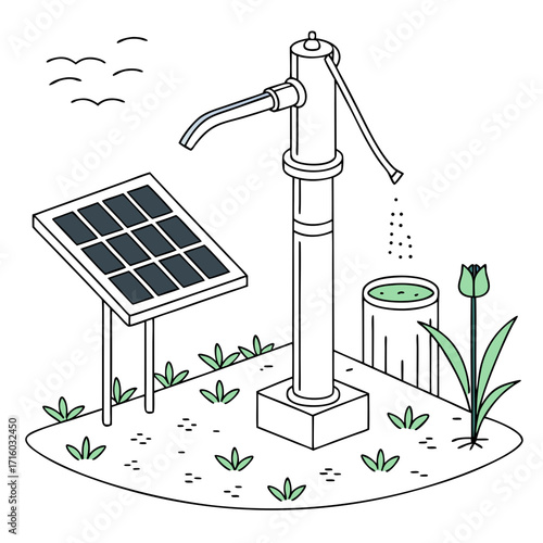 Illustration of a solar powered water pump providing fresh water into a container with a tulip plant nearby