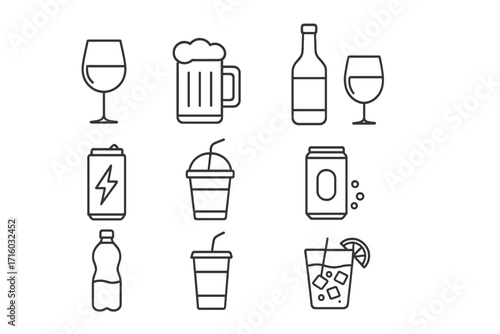 Drinks and beverages icon set. Thin line art symbols for web and apps. Collection of alcohol, soft drinks, cocktail, beer, wine, soda, juice and water vector signs.