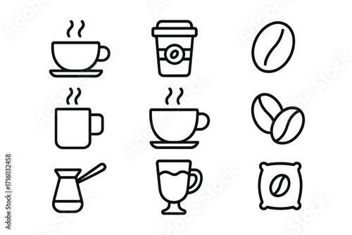 Coffee icon set. Line art collection of coffee symbols. Vector outline graphic elements for cafe menu, beverage, drink design. Espresso, cup, mug, bean, pot signs.