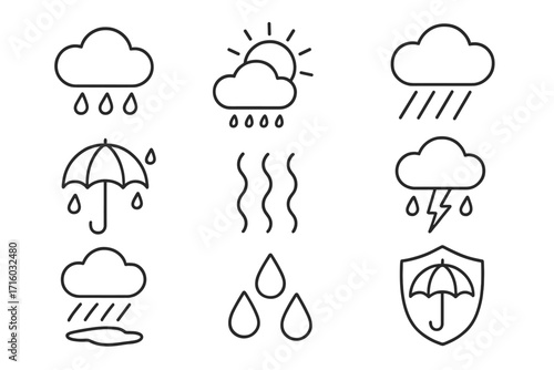 Weather line icon set. Rain, storm, cloud, sun, umbrella vector symbols. Outline pictogram pack for web and graphic design, apps. Thunder, lightning, drops, protection.