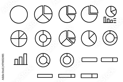 Infographic outline icon collection. Pie chart, donut chart, and progress bar vector set. Editable stroke icons for data visualization, statistics, reports, and UI/UX design.