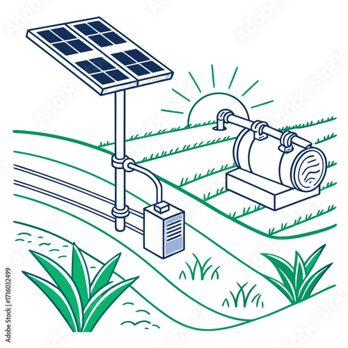 Illustration of a solar powered water pump system irrigating a field with lush green plants and sun rays