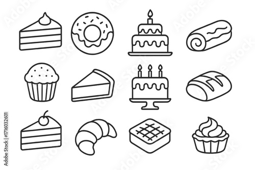 Bakery and pastry line icon set. Sweet food and dessert collection. Cake slice, donut, cupcake, pie, croissant, birthday cake and bread linear symbols. Editable stroke.