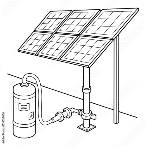 Illustration of a solar powered water pumping system with panels connected to a storage tank