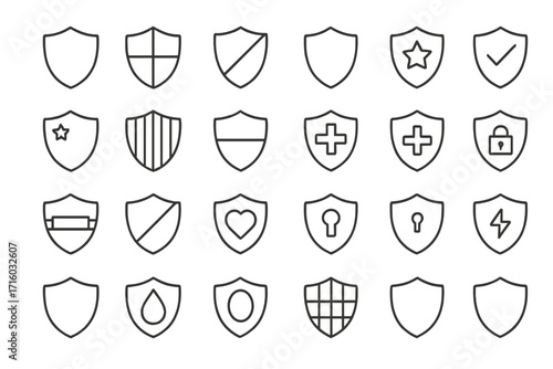 Security shields line icon set. Protection, safety, and defense concepts. Vector emblems for privacy, antivirus, data guard, and insurance. Editable stroke collection.