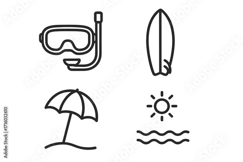 Beach and summer vacation line icon set. Sea travel and water sports symbols. Diving mask, surfboard, sun umbrella, ocean wave pictogram collection for web and graphic design.