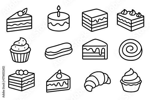 Cake and pastry icon collection. Simple dessert outline vector set for bakery and sweet food concepts. Minimal linear graphics of cupcake, pie, croissant, and sweets. Editable stroke.