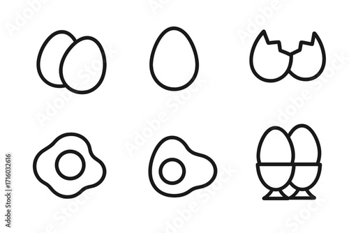 Egg icon set for breakfast and cooking concepts. Simple line art collection including fried egg, broken shell, and eggs in cups. Vector pictograms for food menu design.