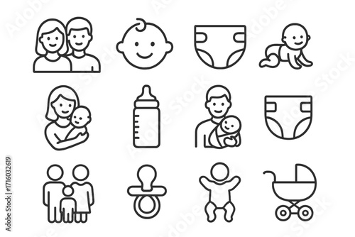 Baby and family life line icon set. Newborn care, parenting, and childhood outline symbols. Vector collection with parents, diaper, bottle, pacifier, and stroller pictograms.