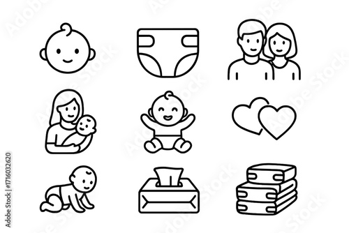 Parenthood and newborn baby care line icon set. Outline symbols for family, love, mother, infant, diaper, and wipes. Vector pictograms for web design, apps, and ads.