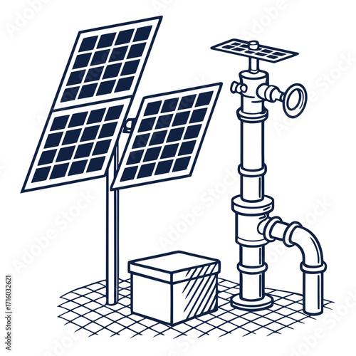 Illustration of solar panels connected to a pipe system and a control box on a grid surface